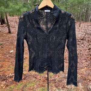 90s Caché Black Cotton Crochet Lace Zip-Up Blouse